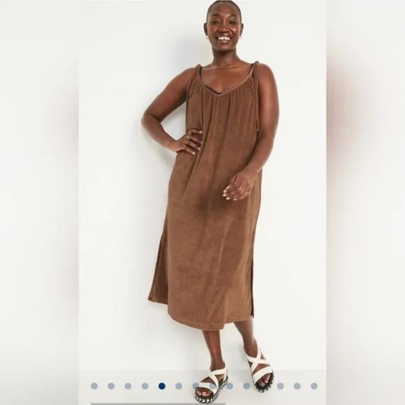 NWT Old Navy Tie-Shoulder V-Neck Terry Midi Swing Dress for Women - Picture 3 of 5